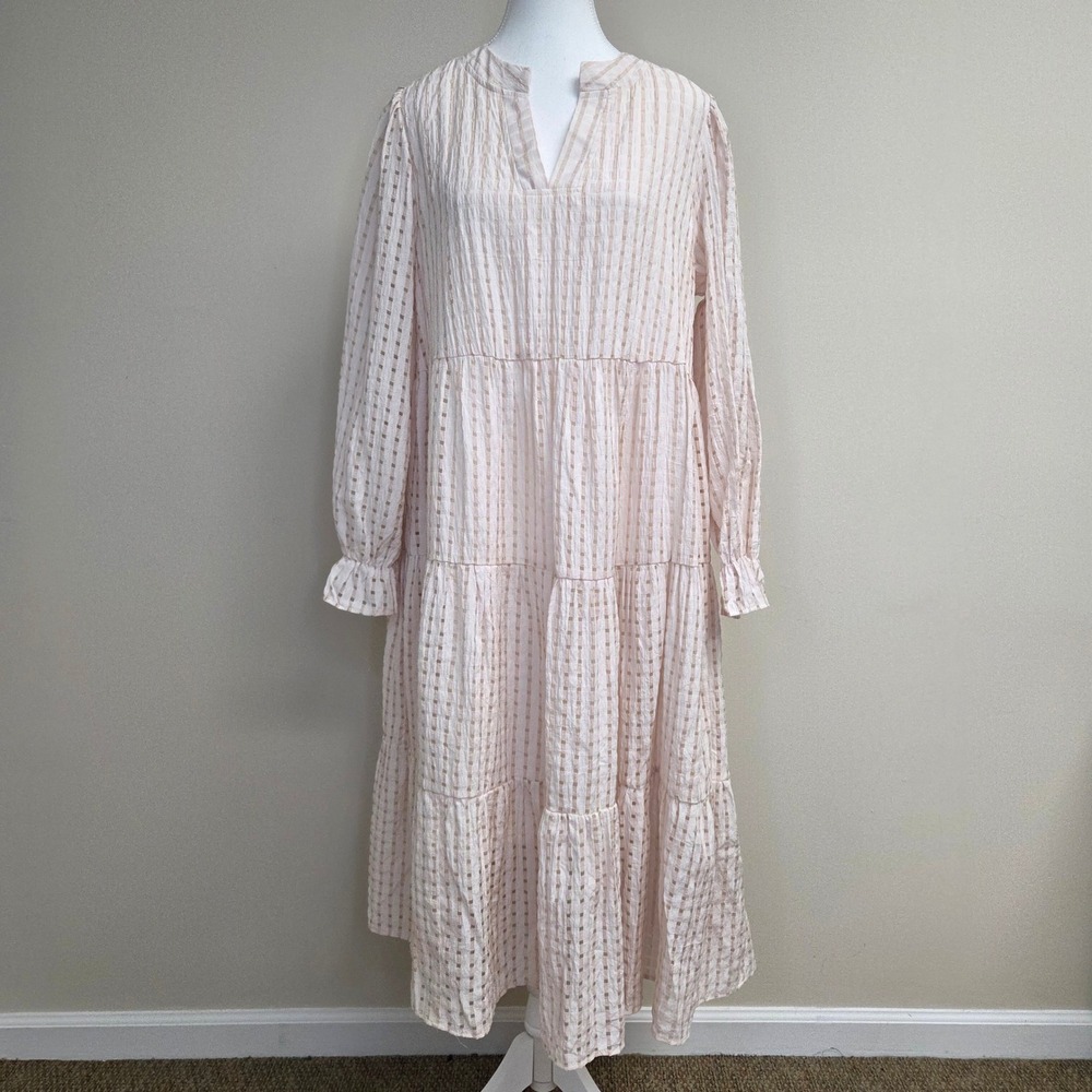 THEENKOLN Pink‎ White Checkered Tiered Midi Dress Womens Large NWT Long Sleeve